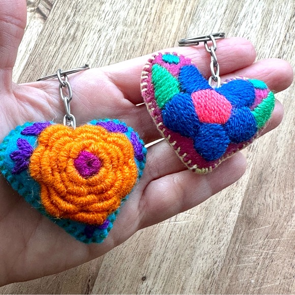 Two Hand Embroidered Hearts Mexican Ornament Heart Keychain Corazon Bordado - Picture 4 of 5